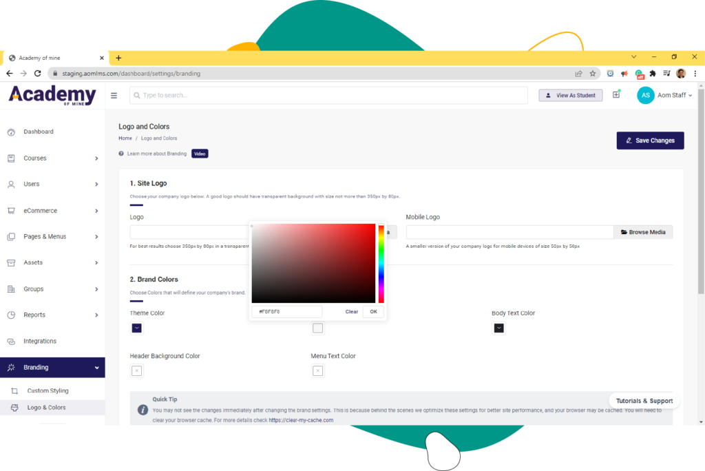 AOM platform branding settings screenshot